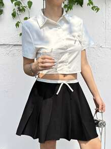 SHEIN Teen Girl Versatile Casual Simple Comfortable Contrast Color Tie Bow Pleated Skirt - Black - View 3