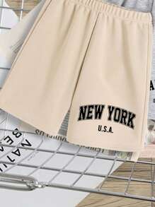 SHEIN Leap Crew 3 件套青少年男孩休闲经典城市名称（纽约、加利福尼亚、洛杉矶）印花短裤，时尚，适合夏季