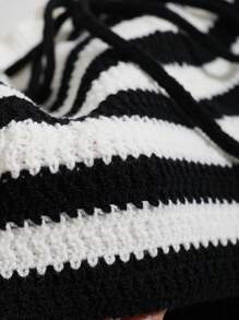 Comfortcana Women Drawstring Waist Striped Casual Knitted Shorts - Black and White - View 3