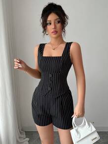 Chiquease 2 件套女士夏季条纹衬衫上衣和短裤套装 - 黑色 - 查看 6