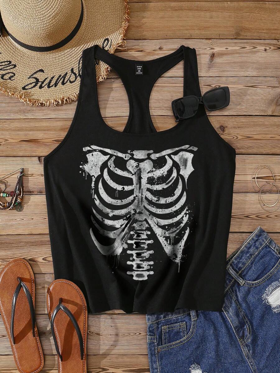 SHEIN EZwear 骷髅印花休闲吊带背心工字背心，大码夏季