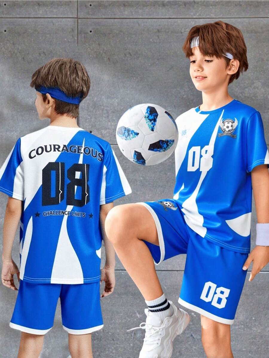 SHEIN Tween Boys Loose Fit Sports Set, Round Neck Graphic Short Sleeve T-Shirt & Shorts, Suitable For Basketball, Outdoor Fitness And Sports - Blue - View 1