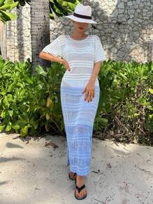 DAZY Women's Ombre Hollow Out Short Sleeve Beach Cover Up Dress, Spring/Summer Vacation - White - View 2