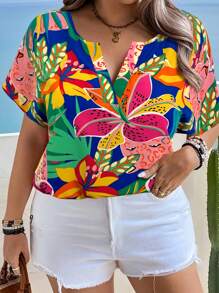 SHEIN Clasi 大码复古、优雅、知性、度假、极简主义 V 领随机印花蝙蝠袖宽松女式衬衫，适合夏季、返校、毕业典礼、节假日、情人节、音乐节、母亲节、万圣节、感恩节、复活节、国庆节、圣诞节、联欢晚会、约会、派对、户外旅行 - 彩色 - 查看 5