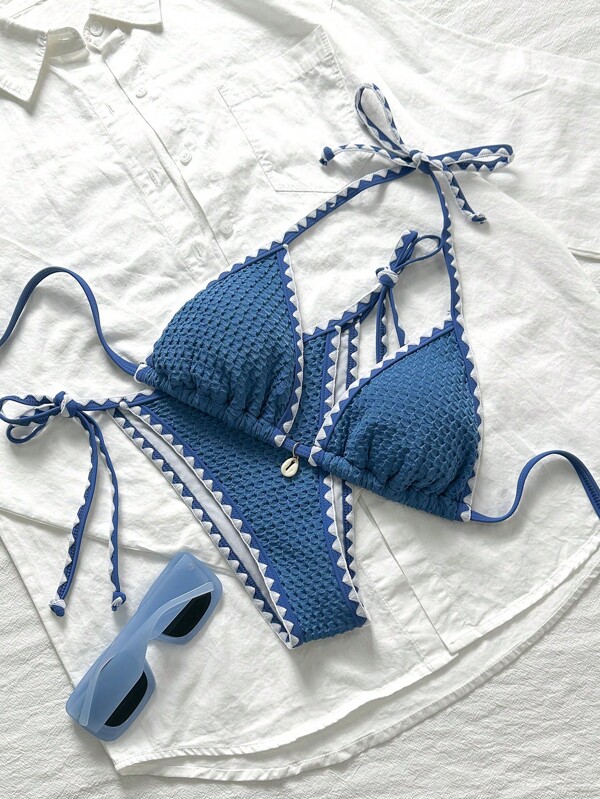 Swim Mod Conjunto de bikini azul de 2 piezas para mujer con volantes y tirantes de tela jacquard de unicolor para el verano