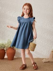 SHEIN Young Girls Blue Floral Jacquard Ruffle Hem Woven Dress - Blue - View 6
