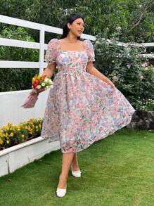 SHEIN EZwear Floral Print Plus Size Women Square Neck Puff Sleeve Princess Mini Dress - Pink - View 3