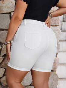 SHEIN SXY Plus Size Women's Casual Slant Pocket Skinny Denim Shorts, Summer - White - View 2