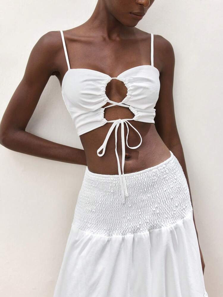 SHEIN Maija Women's Minimalist Solid Color Criss-Cross Tie Strap Cropped Cami Top, Summer