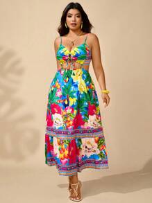 SHEIN Clasi Flowers Birds Coconut Tree & Floral Graphic Drawstring Hollow Out Plus Size Dress, Bow Decor, Summer Women Outfit For Beach Vacation - Multicolor - View 4