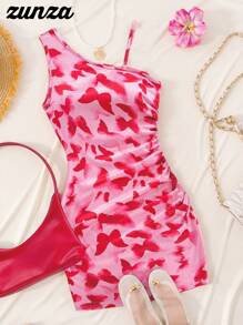 Holiday,Summer,TravelTween Girl Elegant Casual Vacation Asymmetrical Shoulder Snug Fit Butterfly Print Red Knitted Dress, Suitable For Spring/Summer Outdoor Vacation, Beach Outfit