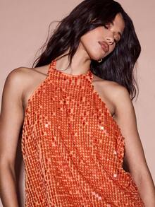 KIZN Halter Neck Sequin Mini Party Dress Backless Sleeveless Bodycon Evening Club Special Occasion Holiday Christmas Formal Glitter - Orange - View 4