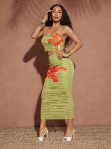 Vixey Bộ váy xếp nếp hoa lớn bằng lưới bán trong suốt 2 mảnh, trang phục đi nghỉ cho phụ nữ, trang phục mùa hè cho phụ nữ, trang phục đi nghỉ trên đảo - Nhiều màu - Xem 3