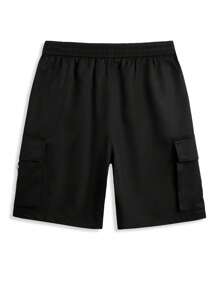Manfinity Homme Men's Summer Casual Solid Color Drawstring Waist Cargo Shorts Black Cargo Shorts Men - Black - View 2