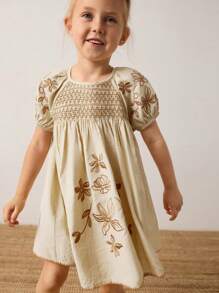 Maija Kids Maija Kids 宽松休闲花朵刺绣直筒连衣裙，适合年轻女孩 - 杏色 - 查看 3