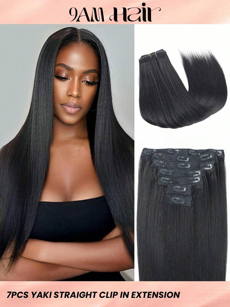 Yaki Straight Clip In Hair Extensions 18 Inch Real Human Hair Extensions For Women 7pcs/Set Double Weft Full Head Brazilian Remy Hair Extensions Natural Black - Natural Black - View 1