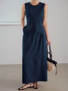 Dazy-Less 夏季通勤亚麻纯色艺术休闲风格马甲开衫，女士高开叉短袖西装套装，两件套商务休闲女装