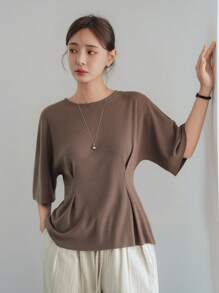 Dazy-Less Camicetta estiva da donna in maglia piisseggiata con bottoni, tinta unita, stile casual business, vita stringata, maniche corte con fiocco sul retro