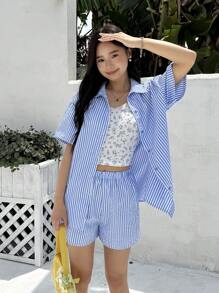 2 Stücke/Set Lose lässige minimalistisch bequeme Polokragen Kurzarm Bluse und Shorts Set für Teenie Mädchen