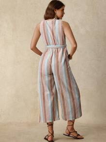 SHEIN 孕妇夏季度假条纹纽扣前挂脖连体裤 - 彩色 - 查看 2