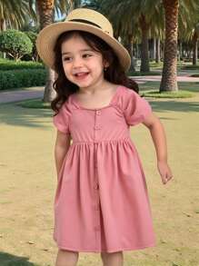 Baby Girls/Toddlers Red Woven Front-Paneled Button Short Sleeve Dress, Spring/Summer Mommy & Me Set - Red - View 3