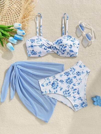 SHEIN Baddräkt med justerbar remsdesign för tonårsflickor med blommönster, lämplig för strand, hav, semester