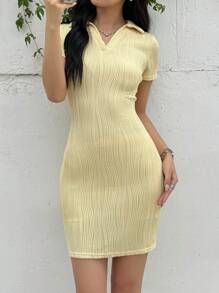 SHEIN Teen Girls Casual Simple Comfortable Polo Collared Short Sleeve Snug Fit Dress - Yellow - View 4