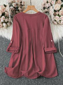 Linhara Plus Size Women's Solid Color Cutout V-Neck Raglan Rolled Sleeve Casual Shirt - Hot Pink - View 2