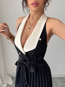 Selianne 女式夏季拼色 V 领露背褶饰吊带连体裤，小众设计，奢华外观 - 黑色 - 查看 6