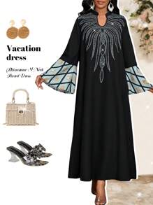 SHEIN Lady Vestido largo con cuello en V y mangas abombadas decorado con strass, estilo bohemio, para mujer. Vestidos de verano, ropa de mujer, vestidos de verano para mujeres, vestidos de mujer, ropa de verano para mujeres, vestidos de verano para mujeres, vestidos de playa para mujeres.