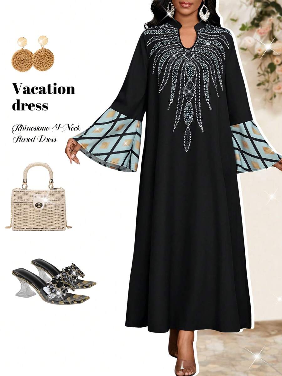 SHEIN Lady Vestido largo con cuello en V y mangas abombadas decorado con strass, estilo bohemio, para mujer. Vestidos de verano, ropa de mujer, vestidos de verano para mujeres, vestidos de mujer, ropa de verano para mujeres, vestidos de verano para mujeres, vestidos de playa para mujeres.