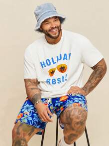 EASEVO Conjunto de camiseta de manga corta y pantalones cortos con estampado de frutas y letras para hombres de talla grande - Blanco - Ver 5