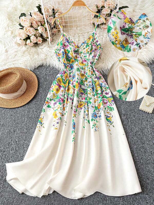 DreamSkyne Romantic Date  Plus Size Women Floral Printed Ruffle Hem Spaghetti Strap Tank Dress For Summer