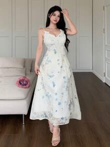 DAZY 蕾丝拼接V领无袖中长连衣裙，女士花卉图案度假装 - 米色 - 查看 7