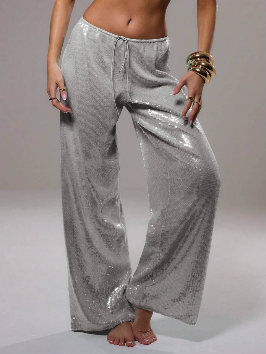 MUSERA Quần ống rộng đính sequin, thích hợp cho kỳ nghỉ hè, đi biển Ibiza, đi chơi, dự tiệc rave, mùa thu, lễ hội, lễ Phục sinh, phong cách thường ngày. - Bạc - Xem 1