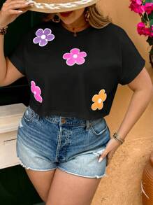 SHEIN VCAY Áo thun cổ tròn tay ngắn thêu hoa cỡ lớn cho nữ - màu đen - Xem 1