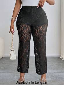 SHEIN PETITE CURVE Pantaloni dritti con vita elastica e stampa floreale in pizzo, taglie comode per donne