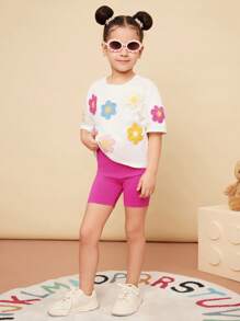 2 Stücke Set für Kleine Mädchen bestehend aus gestricktem einfarbigem Rundhals Oberteil mit 3D Blumenmuster und anliegender Shorts - Verschiedenfarbig - Übersicht 3