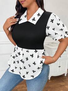 SHEIN Privé 大码优雅学院风二合一黑色拼接蝴蝶结短款泡泡袖衬衫领女式衬衫 - 黑與白 - 查看 4