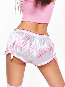 Women's Cute Printed Satin Ruffled Bowknot High Waist Boyshort Panties - White - View 2
