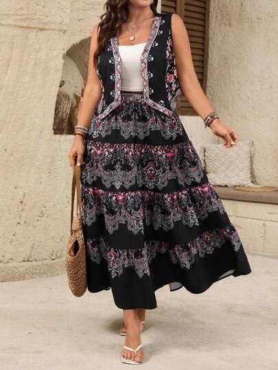 SHEIN LUNE 2件套女士夏季休闲西式V领无袖印花黑色上衣和松紧腰长裙女夏装女士生日女士夏装夏季两件套