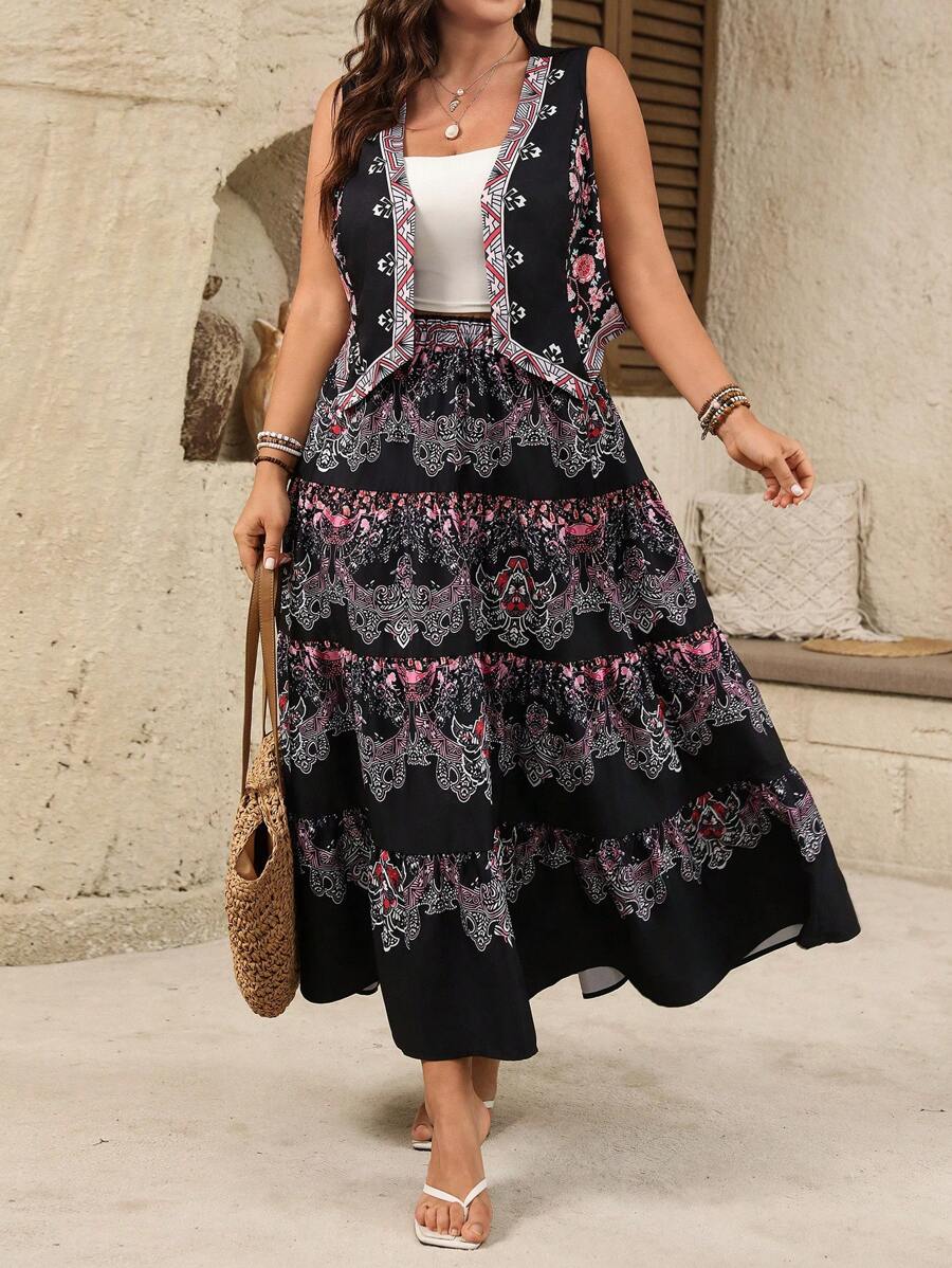 SHEIN LUNE 2件套女士夏季休闲西式V领无袖印花黑色上衣和松紧腰长裙女夏装女士生日女士夏装夏季两件套 - 黑色 - 查看 1