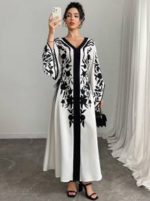 Yasmyna Abito elegante da donna con stampa floreale, maniche a campana con laccetti incrociati sui lati, abito caftan estivo modesto