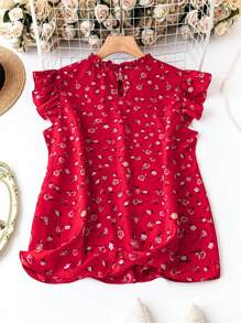 SHEIN Unity 女士甜美优雅荷叶边圆领盖袖 Ditsy Ditsy 花卉宽松衬衫，适合度假和日常穿着 - 紅色 - 查看 2
