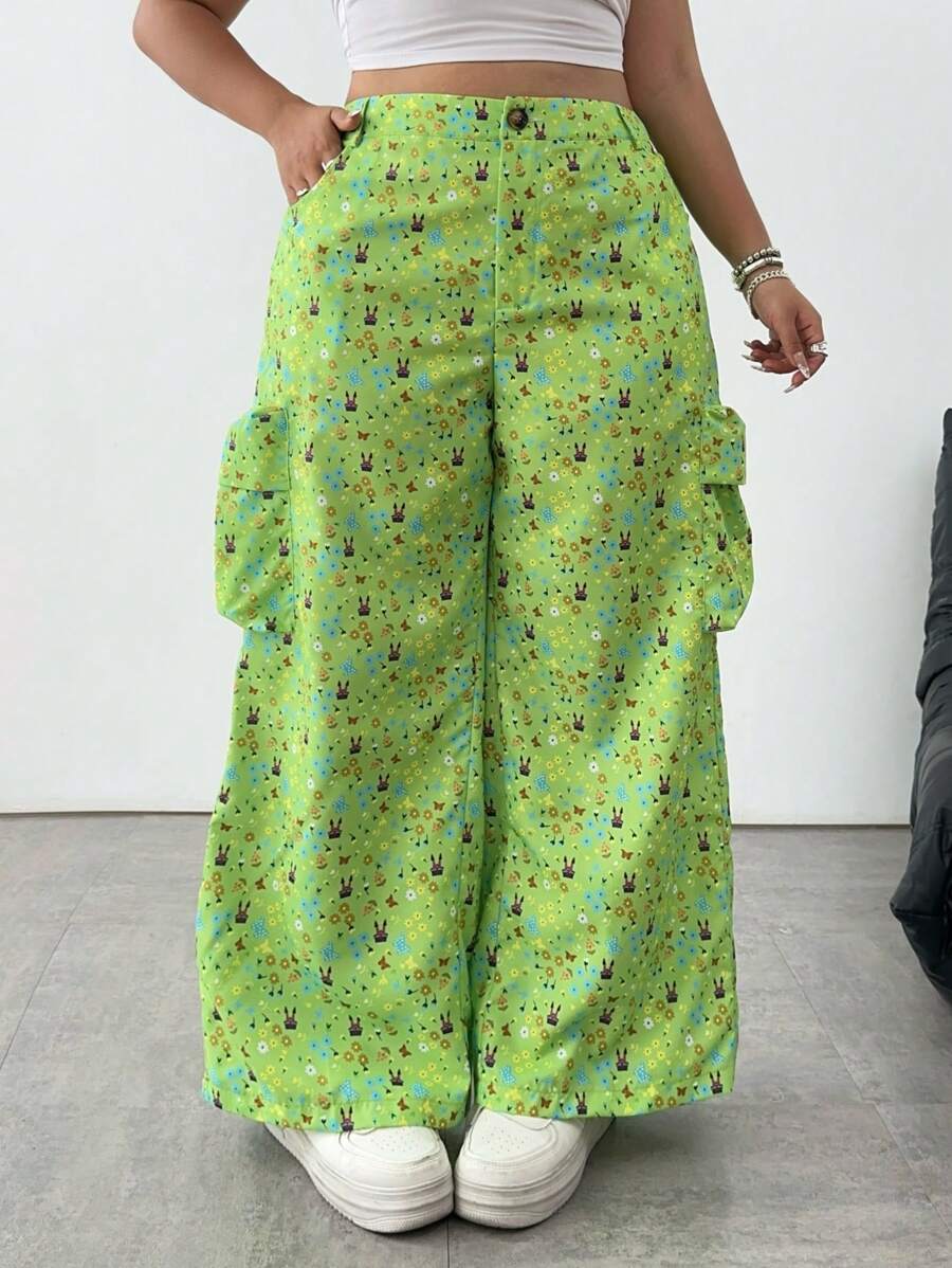 POPSWAY Plus Size Baggy Pants, Summer, Vintage American Style Green Ditsy Floral Multi-Pocket Cargo Pants, Unique Design Casual Trousers For Spring & Summer Fall Cloth For Women - Green - View 1