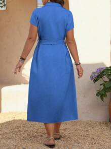 Linhara CURVE Plus Size Women Solid Color Waist Cinching Casual Cardigan Dress - Royal Blue - View 2