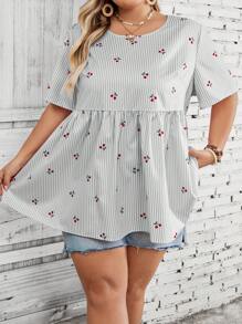 SHEIN CURVE+ Plus Size Women's Loose Cherry Graphic Print Striped Shirt For Beach Vacation Boho Vacationbeach Outfits For Woman/Beach Dress/Beach Vacation Outfits/Beach Essentials / Graduation/Tea Party Dresssummer/Country/Beach Vacation Outfits/Beach Outfits/Beach Wear