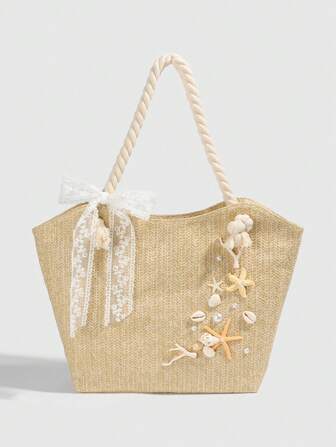 Fairycore 1pc Ocean Holiday Shell, Conch, Coral, Pearl Decor Women Tote Bag, Spring/Summer Floral Large Capacity Travel Straw Beach Handbag