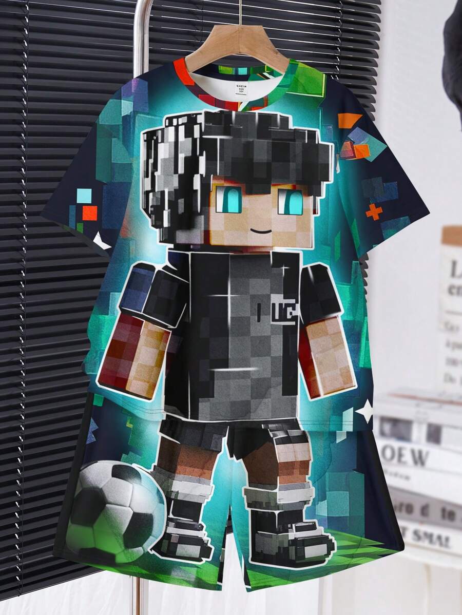 SHEIN 2件套青少年男孩MC PLAYER休闲简约短袖圆领夏季服装 - 彩色 - 查看 1