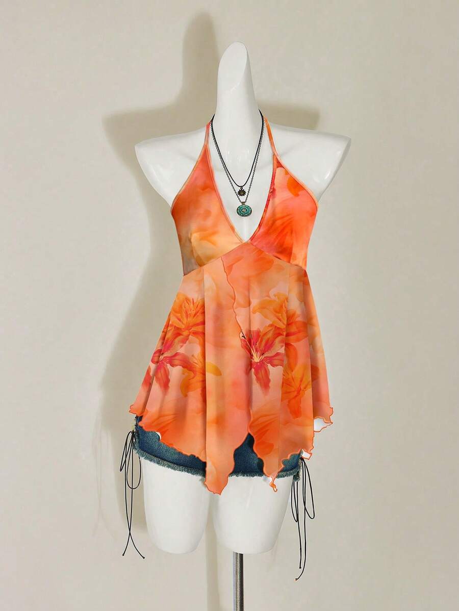 SHEIN ICON 女士休闲 V 领不对称下摆露背系带修身背心，适合夏季，橙色芙蓉花卉印花，夏威夷花卉 - 彩色 - 查看 1